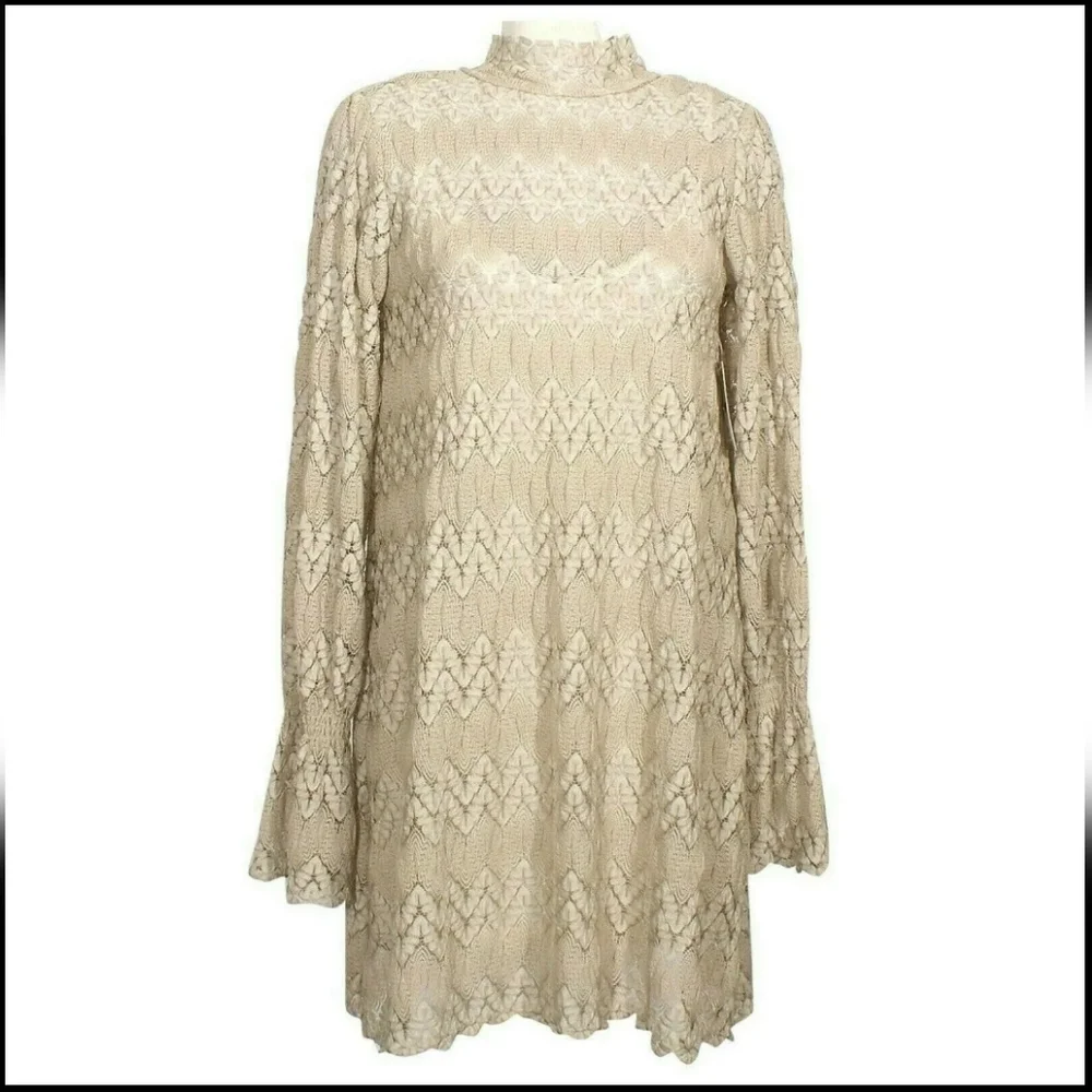 FREE PEOPLE Beige Simone Crochet Lace Shift Mini Dress Large - Picture 2 of 12